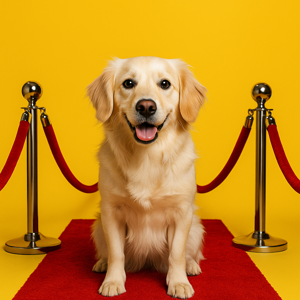Chien golden retriever sur tapis rouge avec cordons de velours